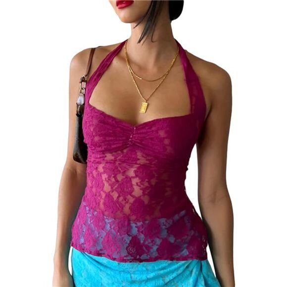 Y2k Lace Camisole Crop Tops Purple - Picture 1 of 7